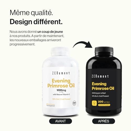 Huile d'Onagre Pressée À Froid, 1000mg Huile Onagre par gélule | 200 Gélules, 10% GLA et Vitamine E | Complément Alimentaire Peau, Cheveux, Ongles & Spécial Bien-Être Femme | Zenement