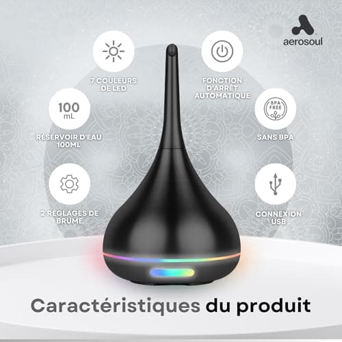 Aerosoul® Diffuseur Huiles Essentielles 100ml, Diffuseur Ultrasonique D'huile Essentielle Design Élégant, USB, Auto-Off, Brouillard 6h, Diffuseur Aromatherapie, Plastique Aspect Noir