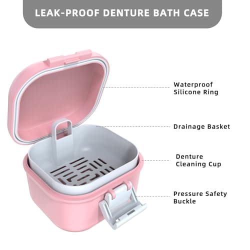 ARGOMAX Boîte de prothèse anti-fuite, boîte à prothèses dentaires portable avec tamis, pour prothèses dentaires et appareils dentaires (rose + blanc).