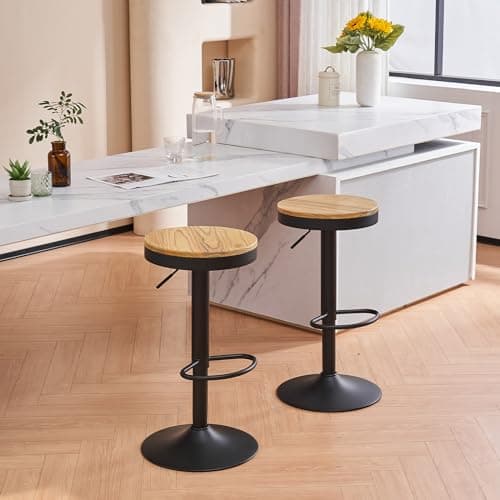 YOUNIKE Tabouret Bar Lot de 2 Tabouret de Bar en Bois Chaise de Bar Tabouret Haut Cadre en Métal Réglable en Hauteur Pivotant à 360° avec Repose-Pieds Industriel Noir