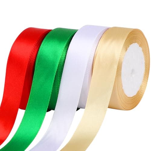 Ruban de Noël 4 Rouleaux, 2.5cm de large, 100 Yards, Rouge, Vert, Or, Blanc, pour Emballage Cadeaux et DIY