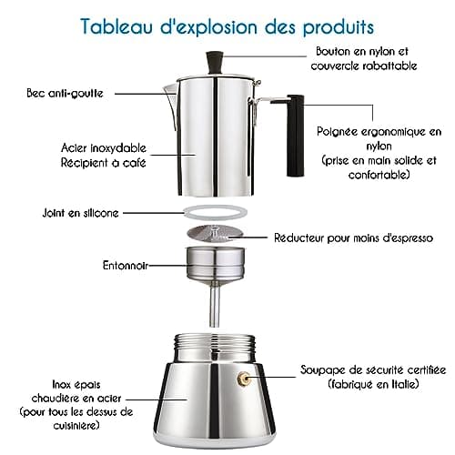 Easyworkz Pedro Cafetière italienne en acier inoxydable pour 6 tasses 300ml Pour induction à gaz et toutes les cuisinières (Argenté)