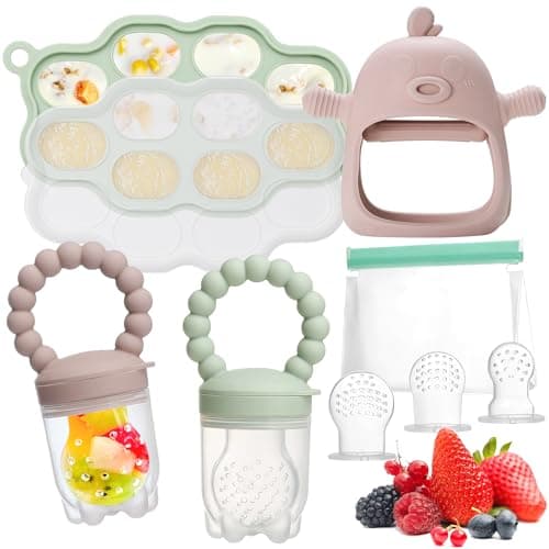 WEST STORY Tetine Grignoteuse Bébé, Tetine Fruits Bebe en Silicone, Inclus Bébé Food Rangement Nourriture, 2 Grignoteuse 3 Tailles de Tétines pour Bébé de 3~24 Mois, Jouets de dentition (Vert & Rose)
