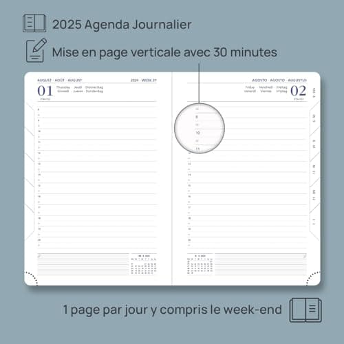 POPRUN Agenda 2025 Journalier 21,5 x 14,5 cm - Couvercle en cuir de coton PU, 1 Page par Jour A5 Agenda, D'Jan 2025 à Déc 2025-12 Mois, Onglets Mensuels, Papier 80 g/m2, Bordeaux-CRT