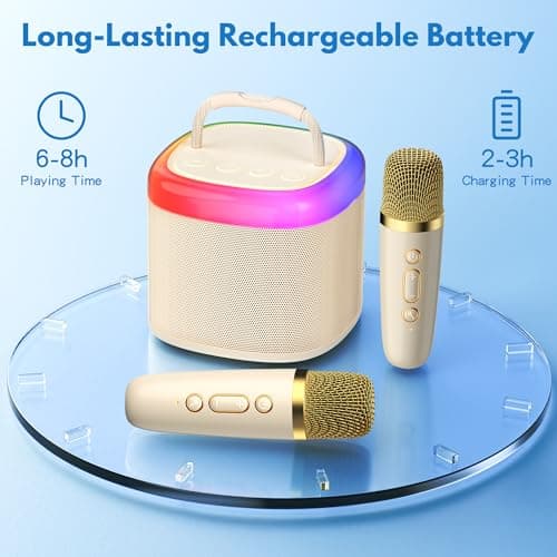 JYX Machine de Karaoké avec 2 Microphones sans Fil, Karaoke Portable Jouets avec Lumières LED Enfants Adultes, Mini Karaoke Bluetooth, Idee Cadeau Enfants 5,6,7,8,9,10,11,12,13,14,15 Ans Noir/Beige
