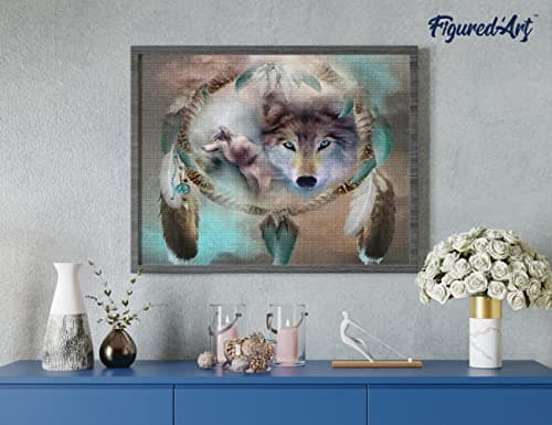 Figured’Art Diamond Painting Broderie Diamant 40x50cm Toile Entière Roulée avec Strass Perles Carrés - Loups et Plumes - Kit Complet Animaux 5D DIY Activité Manuelle Loisirs Créatifs Adultes