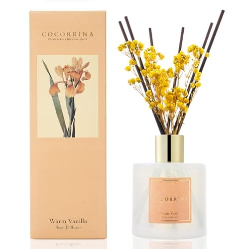 Cocorrína Diffuseur Parfum Maison, Vanille Chaude 200ml avec Diffuseur Bâtonnets diffuseur de Parfum, Batonnets Diffuseur Parfum, Reed Diffuseur pour Salle de Bain étagère décoration