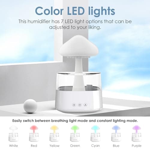 Humidificateur de Pluie Nuageuse, Diffuseur d'Huile Essentielle 7 Couleurs Changeantes LED Nightlight Champignon Humidificateur 3 Modes à Distance Goutte à Goutte (Blanc)