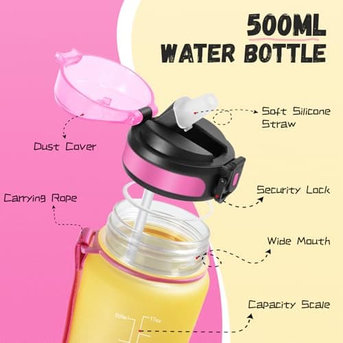 Gourde Enfant, Gourde 500ml avec Paille, Gourde Plastique avec Slogan de Motivation, Gourde Heure anti Fuite, Facile à Nettoyer, Bouteille Paille pour Extérieur, Randonnée, Maternelle, Jaune-Rose