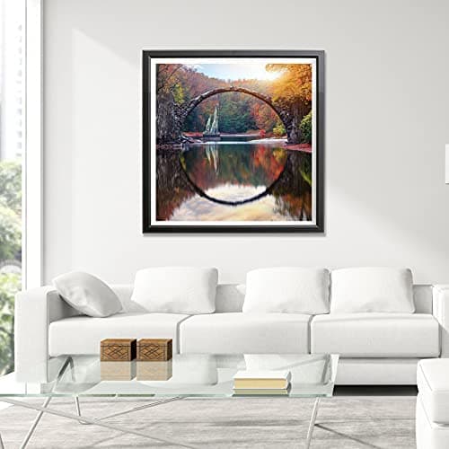 Showker 5D Kit Complet de Broderie Diamant Lac du Pont, 5D Diamond Painting Completpaysage Rond Point de Croix - Décoration Murale pour Chambre, DIY Diamond Painting Maison 35x35cm