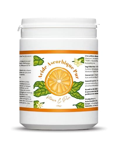 Kala Health - Vitamine C Pure 1 kg - Poudre de vitamine C - Acide ascorbique pur - Fourniture de 1000 jours x 1000 mg dosage élevé - Avec cuillère-doseuse - Végétalien - Qualité premium