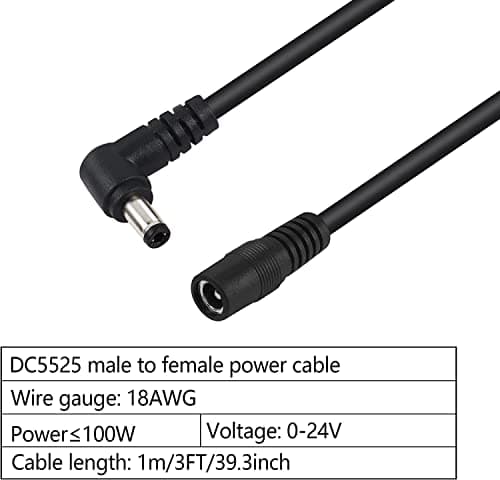 GINTOOYUN Lot de 2 câbles d'extension d'alimentation DC5525,câble Adaptateur d'alimentation DC 5,5 mm x 2,5 mm à Angle Droit mâle vers Femelle,Cordon Robuste de 0,9 m 18 AWG pour Bande Lihgt,CCTV,etc