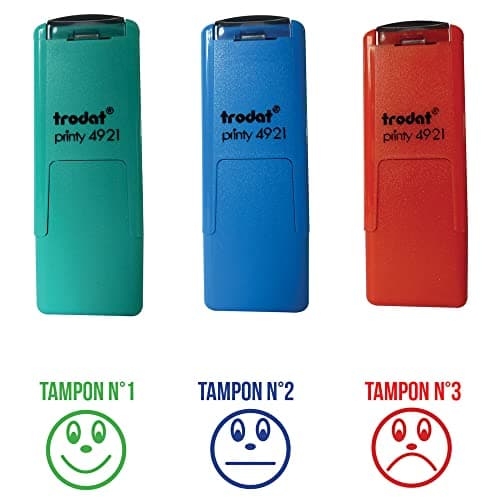 Kit de tampons pour évaluation scolaire - Trodat - 3 Tampons à encrage automatique rechargeables - Smiley pour encourager les élèves - Taille de l'empreinte : 10x10 mm - Couleur : bleu, rouge et vert