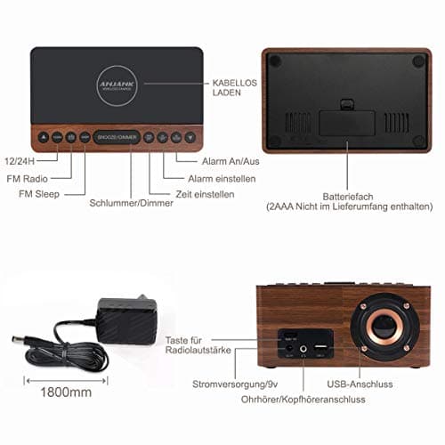 Radio Réveil Numérique en Bois avec Radio FM,Station de Charge sans fil Rapide Pour iPhone/Samsung Galaxy,Alarm Clock et Affichage LED,Variateur à 5 Niveaux,Port USB,Minuterie de Sommeil, Marron