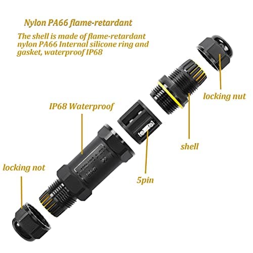 YAODHAOD IP68 Connecteur de câble électrique étanche pour extérieur 2 voies 5 broches pour gamme de fils de Ø5 à 10 mm (AC 450 V, 24 A) Boîtes de cordon externes (forme en I - 5 broches)