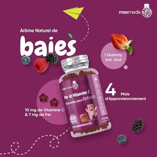 Gummies Fer avec Vitamine C - 120 Gummies Vitamine Enfant (4mois) de 3 à 12 ans - Gummies Enfant Vitamine C Acide Ascorbique & Fer Sans Allergènes - Cure Vitamine Fatigue, Os, Croissance & Immunité