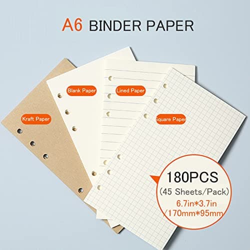 DY.2ten Lot de recharges A6 à 6 trous - (recharges de papier quadrillé + papier ligné + papier kraft + papier à feuilles mobiles vierges) - 180 feuilles/360 pages (45 feuilles de chaque type)