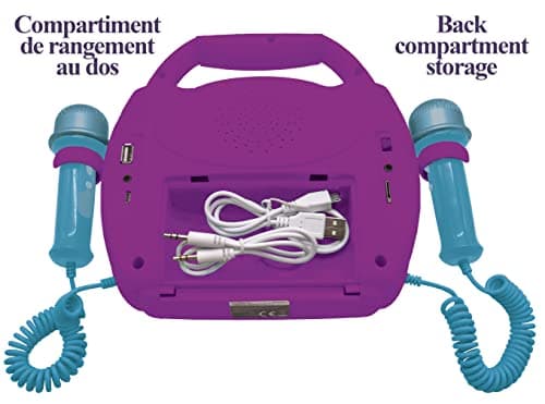 Lexibook - Disney la Reine des Neiges 2 - Lecteur musical karaoké portable pour enfants – Micros, Effets lumineux, Bluetooth, Enregistrement/changement de voix, Batteries rechargeables,Violet,MP320FZZ
