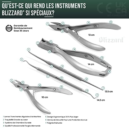 Blizzard - Kit d'Outils Podologie 5pcs, Pince Ponte de Lune, Pointe de Flèche et Coupe Cuticule, Lime Grattoir et Burin pour Ongles Incarnées - Fabrication Allemand pour Utilisation Professionnel