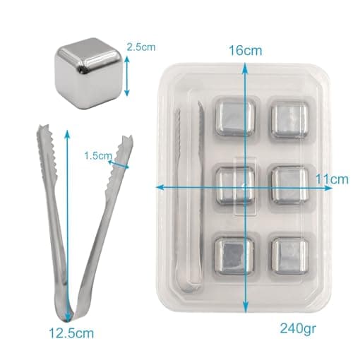 Intirilife Whisky Stone Set en Argent avec Pince en Acier Inoxydable -chacun 2.5 x 2.5 cm- 6 pièces de glaçons réutilisables en Acier Inoxydable avec boîte de Rangement- Pierres de Refroidissement