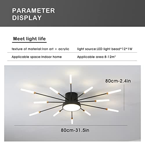 minifair Plafonnier LED moderne 12 + 1 têtes lustres noirs semi-affleurants éclairage de plafond pour chambre salon cuisine salle à manger restaurant