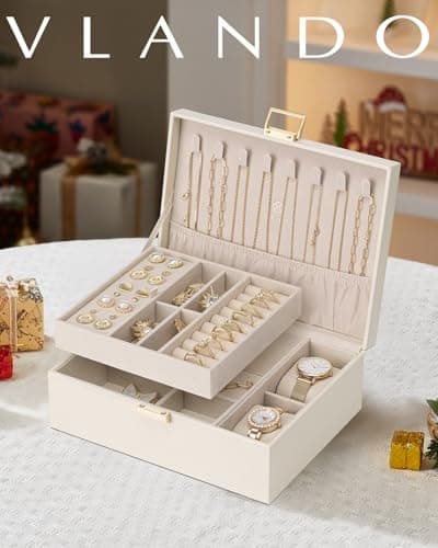 Vlando Boîte à bijoux en cuir à 2 niveaux pour femme et fille avec 2 coussins de montres, organisateur de bijoux, boîte à bijoux, idée cadeau, pour montres, bagues, boucles d'oreilles, colliers
