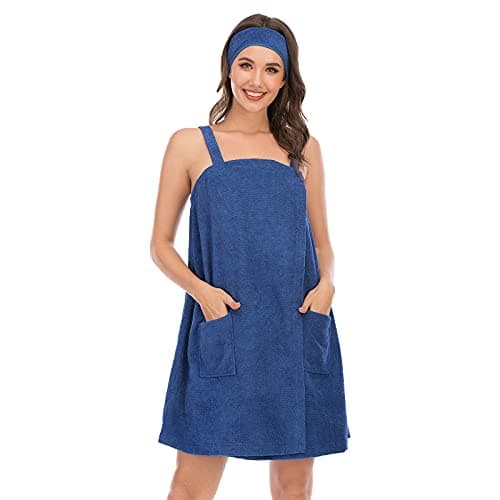 Jamron Femmes Robe Serviette de Bain Ajustable avec Bandeau pour Sauna Douche Spa & Plage Cover Ups Bleu Marine XXL