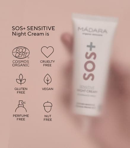 MÁDARA Organic Skincare | Crème de nuit SOS+ SENSITIVE, 70 ml - Hydratation apaisante pour les peaux sensibles sujettes aux rougeurs, prouvée dermatologiquement pour calmer les rougeurs
