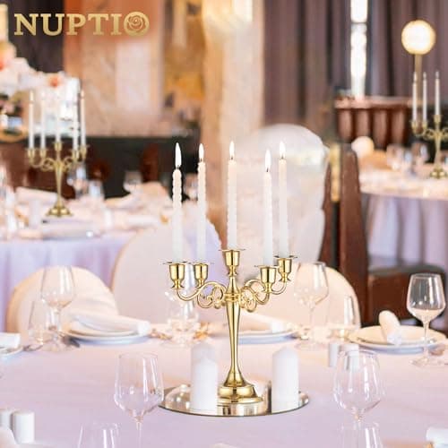Nuptio Candélabres Bougeoirs Dorés 5 Bras en Métal Bougeoirs 27cm Haut Bougeoir Conique pour Mariage Fête d'anniversaire Table À Manger Salon Cheminée Décorations Noël