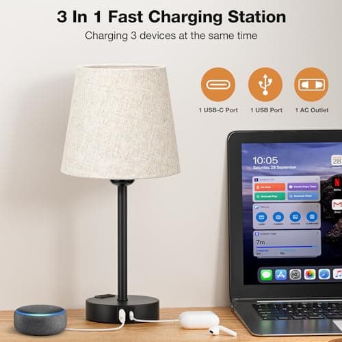Kakanuo Lampe de Chevet Tactile avec Ports USB-A+C+Prise CA, Lampes de Table Lot de 2, Intensité Variable 3 Voies, Abat-jour en Lin, Lampes pour Chambre Salon D'enfant Bureau (Ampoules Incluse)