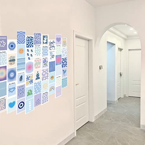 HsentimenH 50 Pièces Images Esthétiques de Collage Mural, Kit de Collage Mural Aesthetic Bleu, Impression de Collage de Carte, Décoration de Chambre pour Filles Chambre, Dortoir, Affichage de Photos