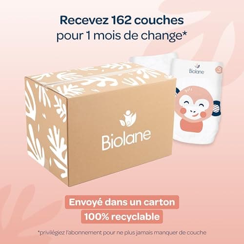 BIOLANE - Couches Taille 3 - (4-9 kg) - Peaux Sensibles - Ultra-Absorbant, Pas de Fuite, 12h au Sec - Pack 1 mois 162 couches - Fabriqué en France