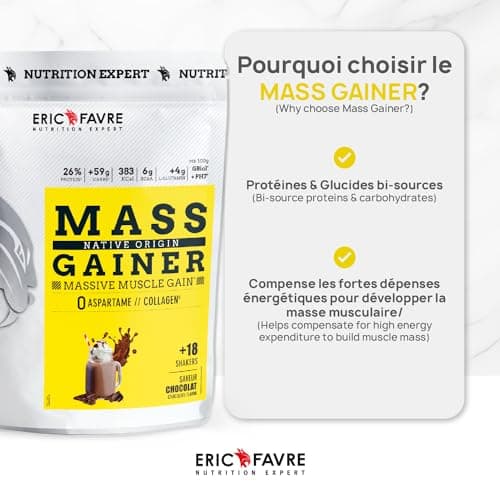 MASS GAINER +61% Glucides bi-sources, 30% Protéines, Prise de Masse Rapide, Gain de poids et Masse Musculaire - Eric Favre - Cookies 3 kg
