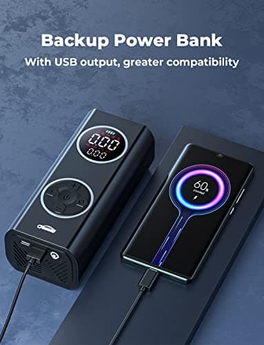Oasser Gonfleur pneus Voiture 6000mAh 150PSI Type-C Charge Compresseur Voiture Batterie Rechargeable Allume-Cigare 12V avec Affichage Couleur Lumière LED Sac de Rangement Batterie Rechargeable