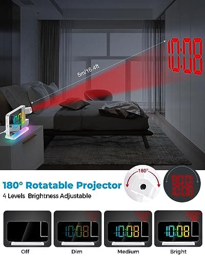 SZELAM Réveil à projection, 18,7 cm, horloge numérique LED, grand écran, avec projecteur rotatif à 180°, veilleuse RVB, port USB C, horloge de bureau moderne pour décoration de chambre à coucher –
