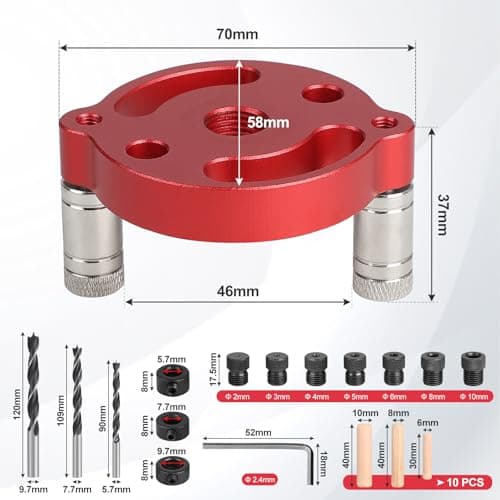 EFUTURETIME Gabarit de Percage Vertical, 2-10 mm Trous Locator Travail du Bois, Kit de Chevilles à Centrage Automatique, Guide de Percage Droit pour Perçage et Repérage du Centre, Rouge