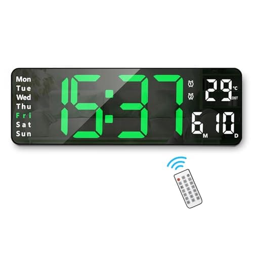 Lafocuse Horloge Murale Numérique LED, Grande Affichage 32cm avec Télécommande, Température, Date, Jour, 2 Alarmes, 12/24H, Luminosité Réglable Pendule Murale pour Salon Cuisine Bureau, Vert