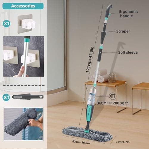 Balai Lave Sol avec Vaporisateur, Microfibre Balai Pulvérisateur Spray Mop avec 4 Tampons de Rechange et 1* Porte Balai pour la Maison, la Cuisine, Le Bois Dur, Le Stratifié, Le Bois, la Céramique