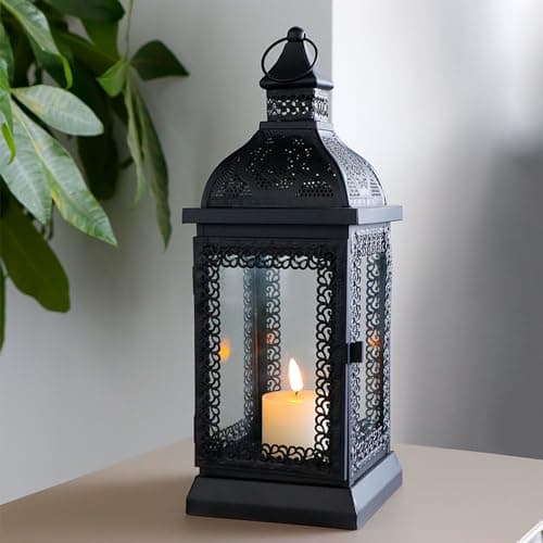 TRIROCKS Lanterne à bougie en métal de style rustique de 33 cm de haut avec verre trempé pour Noël, salon, jardin, terrasse, fêtes, intérieur et extérieur (noir)