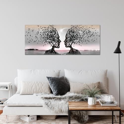 Runa Art Tableau Decoration Murale - Couple d'Amoureux - Moderne Toile non Tissée - Salon Salle - Abstrait Arbre Gris Rose - 044812b