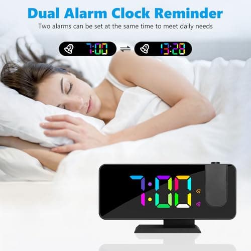 Réveil à Projection, Horloge Numérique LED Grand Écran, avec Projecteur Rotatif à 180°, Affichage des Chiffres RVB 11 Couleurs, 6 Niveaux de Luminosité, Double Alarme, Snooze, 12/24h, Horloge Digitale