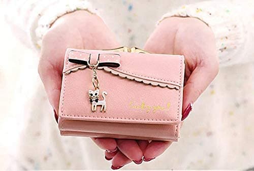 UTO Portefeuille Femme Petite Fille Chaton Pompon Nœud Aimable Chouette Synthétique Rose