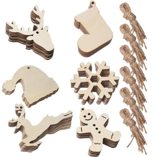 JSKWIKE 60 Pcs Decoration Noel Bois Artisanat Deco Noel Bois Ornements Pendentif Suspension Decoration Noel Bois Sapin de Noel Puce de Bois Pendentif