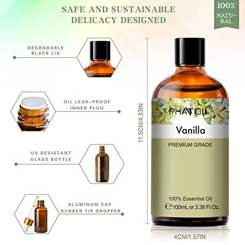 PHATOIL Huile Essentielle Vanille 100 ML, Huile Essentielle Pure Naturelle pour Diffuseur Humidificateur, Huile de Vanille pour Aromathérapie