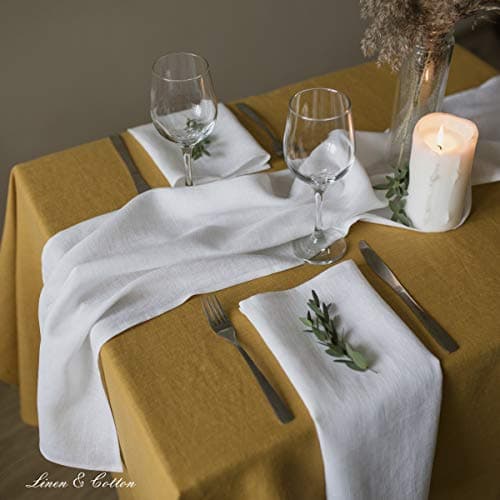 Linen & Cotton 4 Serviettes de Table en Tissu Hygge -100% Lin, Blanc (45 x 45 cm) Lavable Carré pour Home Maison Salle à Manger Table Basse en Bois Cuisine Anniversaire Bapteme Mariage Fête Dîner Noël