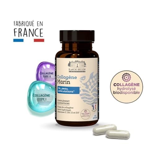 BLANCHE BRESSON - COLLAGENE MARIN - Souplesse des Articulations et fortification des os - Collagène marin de type 1 et 2 breveté - Vitamines B3, C, D et E - 90 gélules - Fabriqué en France