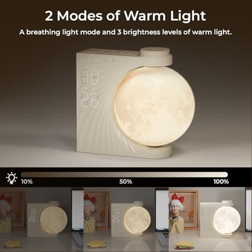 INSSISAIN Mondlampe mit Wecker, 10 beruhigende Töne mit bunter Lichtmodus, Wecklicht für Tisch, Schlafzimmer, Wohnzimmer, fonction snooze, lumière de réveil, 8 couleurs