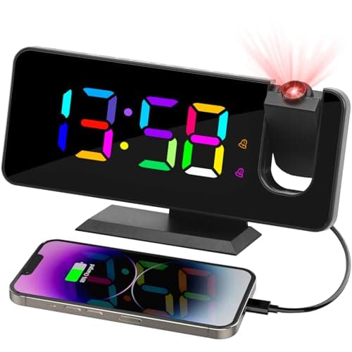 Réveil à Projection, Horloge Numérique LED Grand Écran, avec Projecteur Rotatif à 180°, Affichage des Chiffres RVB 11 Couleurs, 6 Niveaux de Luminosité, Double Alarme, Snooze, 12/24h, Horloge Digitale