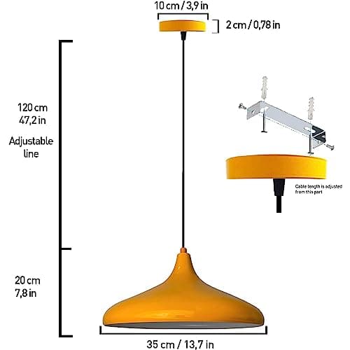 bamyum Champion Suspension Luminaire Vintage, Lustre Salon de 35 cm, Lustre Cuisine en Métal, Lampe E27 Vintage pour Chambre, Suspension Luminaire pour Salle à Manger, Couloir, Jaune Melon