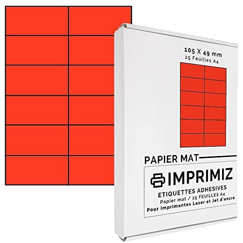 300 étiquettes autocollantes Rouge fluo de 105 X 49,5 mm - 12 étiquettes/feuille - 25 planches papier A4 adhésif couleur - pour impression Laser et Jet d'encre